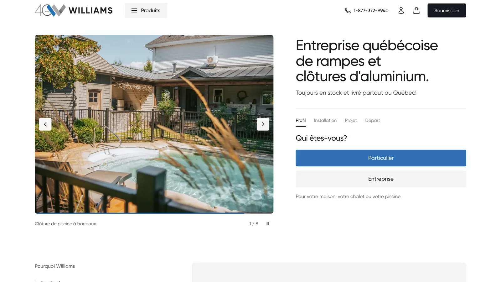 Accueil du site web de Williams: photo d'une clôture de piscine et choix Particulier ou Entreprise